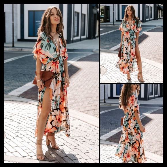 Floral Kimono Midi Dress With Slits - Picture 3 of 8